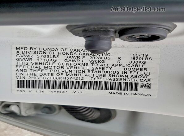 2HGFC2F88KH574212 2019 HONDA CIVIC White VIN կոդի պիտակի տեսք