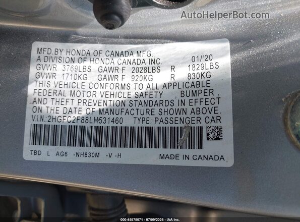 2HGFC2F88LH531460 2020 HONDA CIVIC Silver Engine compartment view