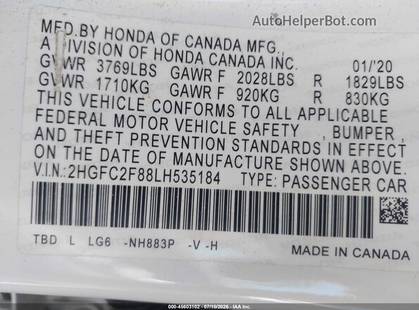 2HGFC2F88LH535184 2020 HONDA CIVIC Белый Вид подкапотного пространства