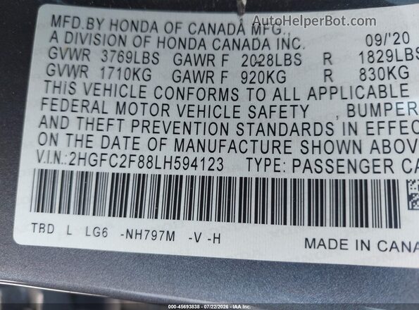 2HGFC2F88LH594123 2020 HONDA CIVIC Gray Vista del compartimento del motor