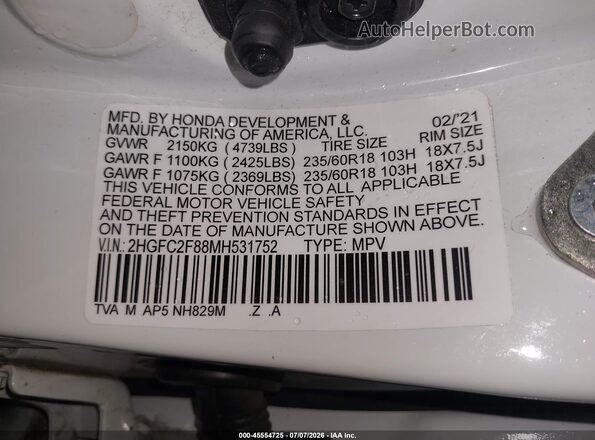 2HGFC2F88MH531752 2021 HONDA CIVIC White Vista del compartimento del motor