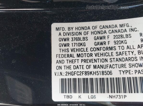 2HGFC2F89KH518506 2019 HONDA CIVIC Black Vista del compartimento del motor