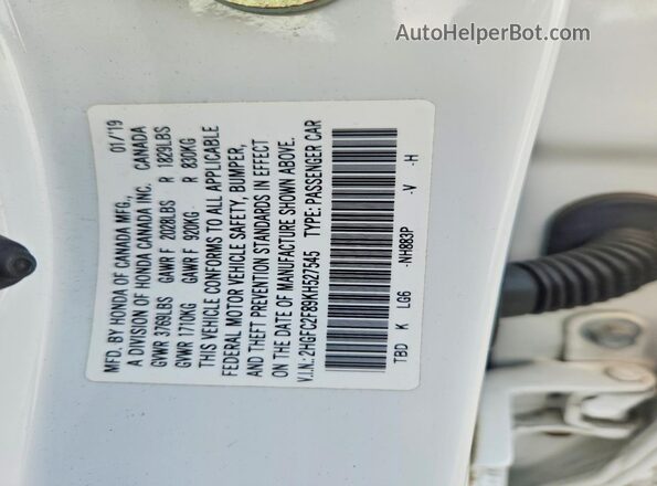 2HGFC2F89KH527545 2019 HONDA CIVIC White Widok naklejki z numerem VIN