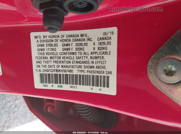 2HGFC2F89KH567480 2019 HONDA CIVIC Red Engine compartment view