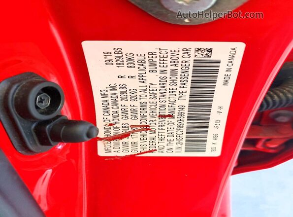 2HGFC2F89KH599149 2019 HONDA CIVIC Red ძრავის განყოფილების ხედი