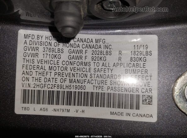 2HGFC2F89LH519060 2020 HONDA CIVIC Gray Widok komory silnika