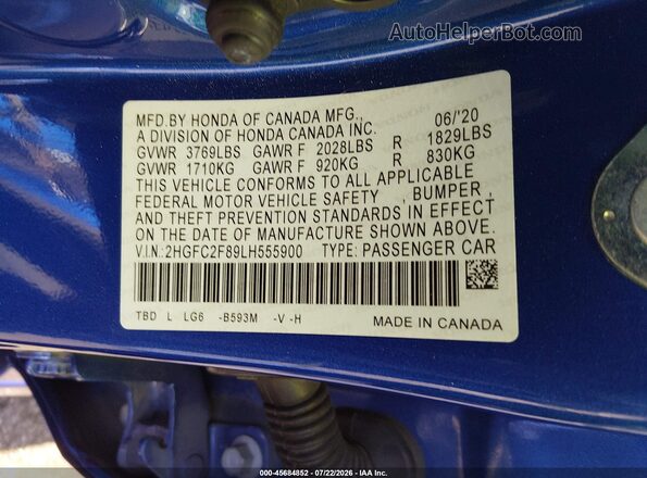 2HGFC2F89LH555900 2020 HONDA CIVIC Blue ძრავის განყოფილების ხედი