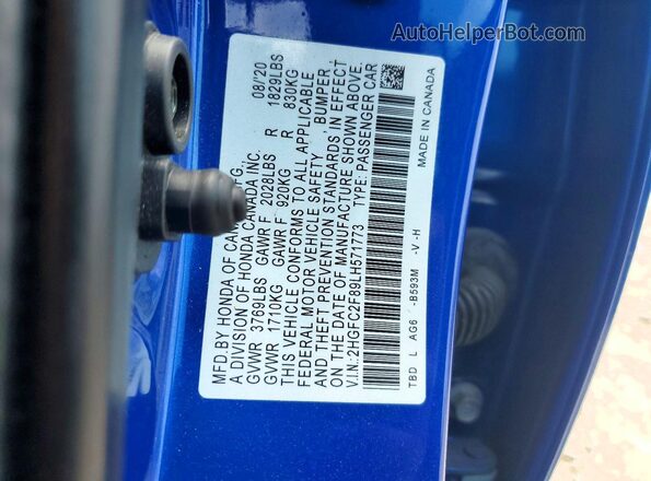 2HGFC2F89LH571773 2020 HONDA CIVIC Blue Вид підкапотного простору