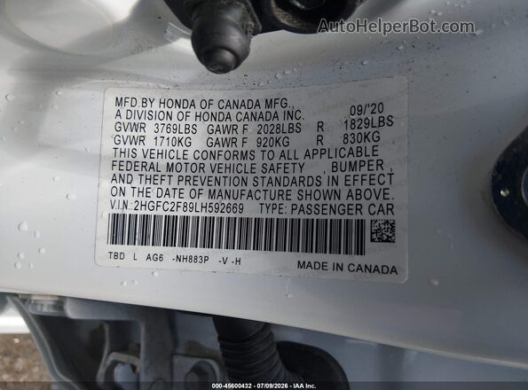 2HGFC2F89LH592669 2020 HONDA CIVIC Белый Вид подкапотного пространства