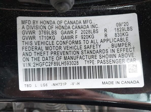 2HGFC2F89LH593028 2020 HONDA CIVIC Black Widok komory silnika