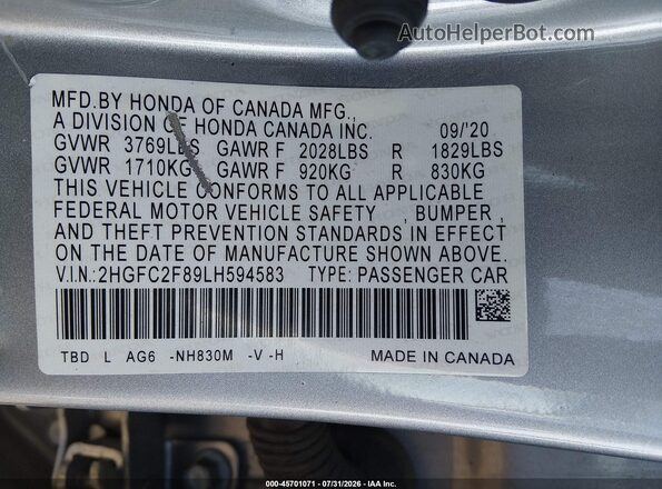 2HGFC2F89LH594583 2020 HONDA CIVIC Silver Widok komory silnika