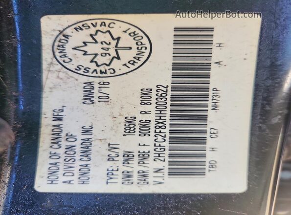 2HGFC2F8XHH003622 2017 HONDA CIVIC Black Vista de la etiqueta del VIN