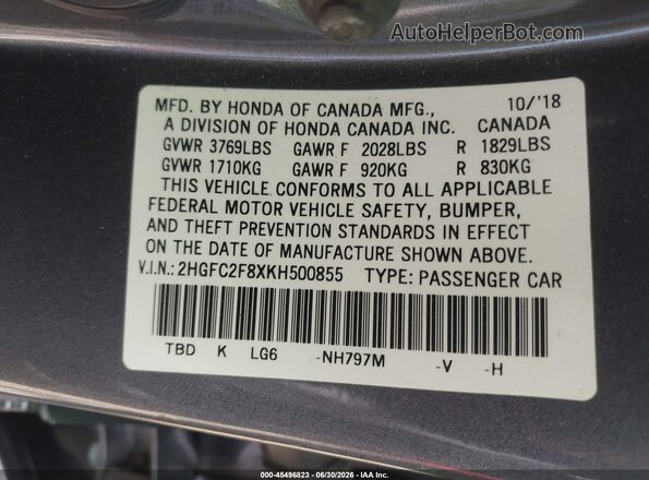 2HGFC2F8XKH500855 2019 HONDA CIVIC Gray ძრავის განყოფილების ხედი
