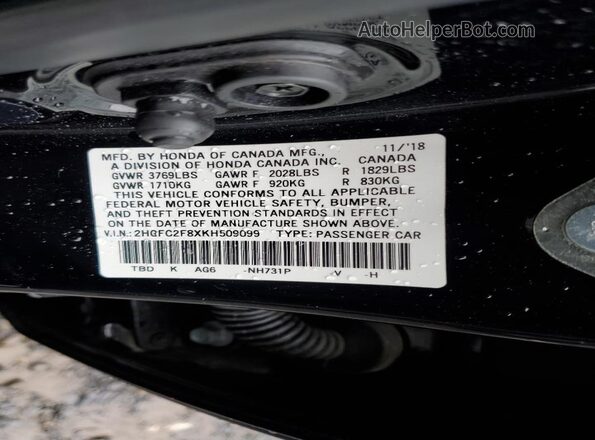 2HGFC2F8XKH509099 2019 HONDA CIVIC Black Vista del compartimento del motor