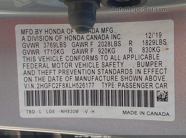 2HGFC2F8XLH526177 2020 HONDA CIVIC Silver Widok komory silnika