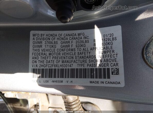 2HGFC2F8XLH530147 2020 HONDA CIVIC Silver Vista del compartimento del motor