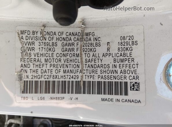 2HGFC2F8XLH572429 2020 HONDA CIVIC Белый Вид подкапотного пространства