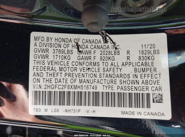 2HGFC2F8XMH516749 2021 HONDA CIVIC Black Շարժիչի բաժամունքի տեսք