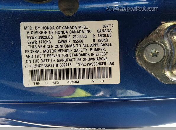 2HGFC3A31HH362715 2017 HONDA CIVIC Blue ძრავის განყოფილების ხედი