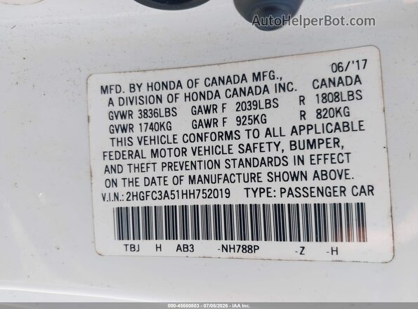 2HGFC3A51HH752019 2017 HONDA CIVIC Белый Вид подкапотного пространства