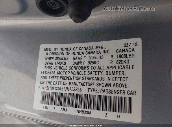 2HGFC3A51JH753855 2018 HONDA CIVIC Серебряный Вид подкапотного пространства
