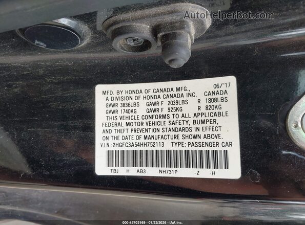 2HGFC3A54HH752113 2017 HONDA CIVIC Black Vista del compartimento del motor