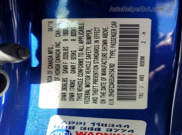 2HGFC3A55JH754782 2018 HONDA CIVIC Blue Engine compartment view
