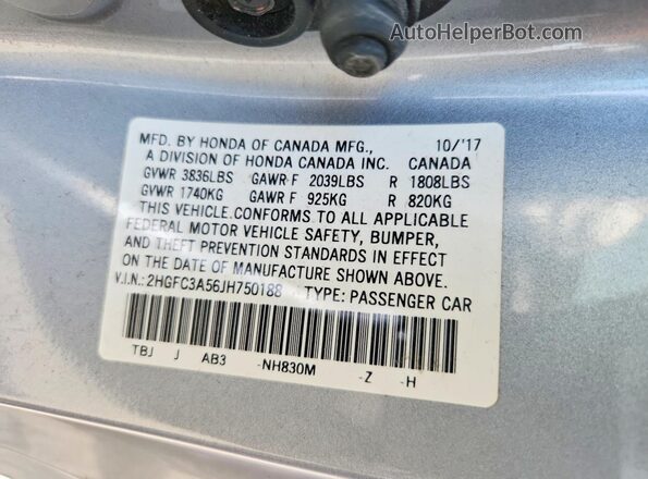2HGFC3A56JH750188 2018 HONDA CIVIC Silver Вид підкапотного простору
