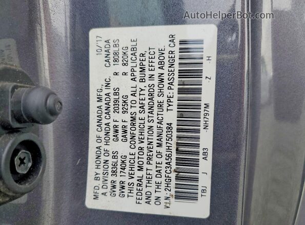 2HGFC3A56JH750384 2018 HONDA CIVIC Серый Вид наклейки с VIN-кодом