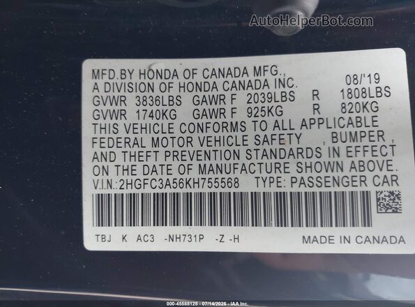 2HGFC3A56KH755568 2019 HONDA CIVIC Black Շարժիչի բաժամունքի տեսք
