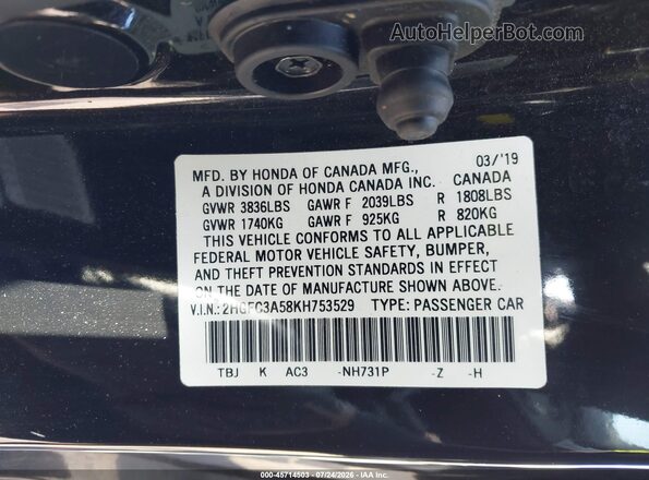 2HGFC3A58KH753529 2019 HONDA CIVIC Black Engine compartment view