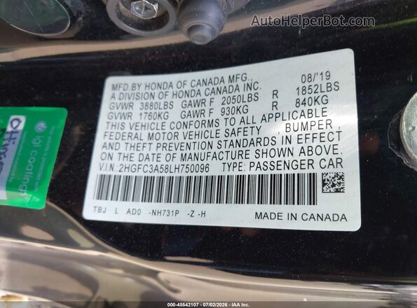 2HGFC3A58LH750096 2020 HONDA CIVIC Black Widok komory silnika