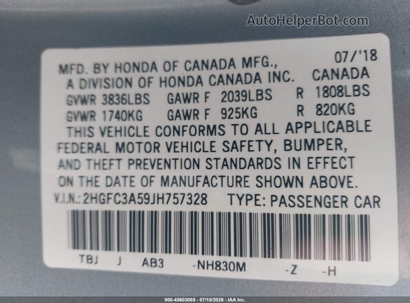 2HGFC3A59JH757328 2018 HONDA CIVIC Silver Engine compartment view