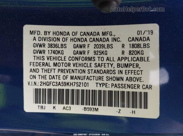 2HGFC3A59KH752101 2019 HONDA CIVIC Blue ძრავის განყოფილების ხედი