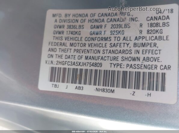 2HGFC3A5XJH754809 2018 HONDA CIVIC Gray ძრავის განყოფილების ხედი