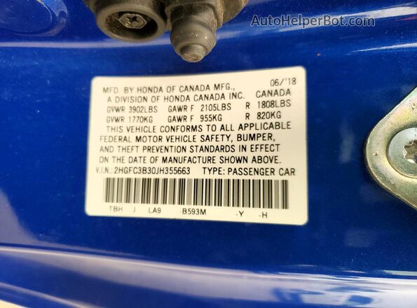 2HGFC3B30JH355663 2018 HONDA CIVIC Blue Vista de la etiqueta del VIN
