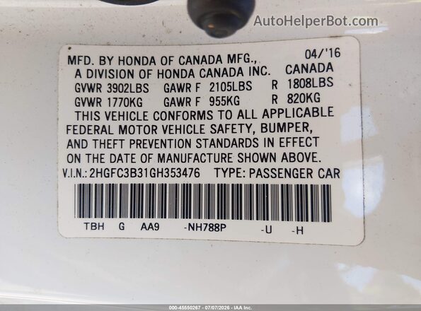 2HGFC3B31GH353476 2016 HONDA CIVIC White ძრავის განყოფილების ხედი