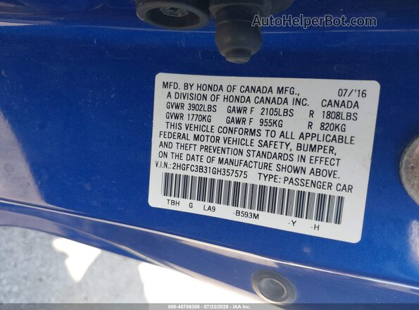 2HGFC3B31GH357575 2016 HONDA CIVIC Blue Engine compartment view