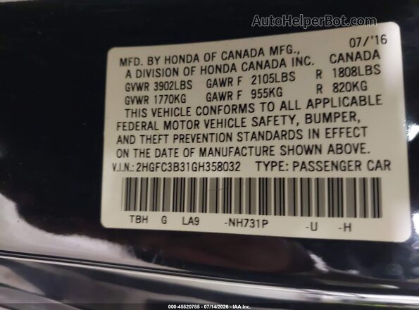 2HGFC3B31GH358032 2016 HONDA CIVIC Black Vista del compartimento del motor