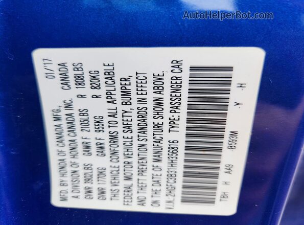 2HGFC3B31HH356816 2017 HONDA CIVIC Blue Vista del compartimento del motor