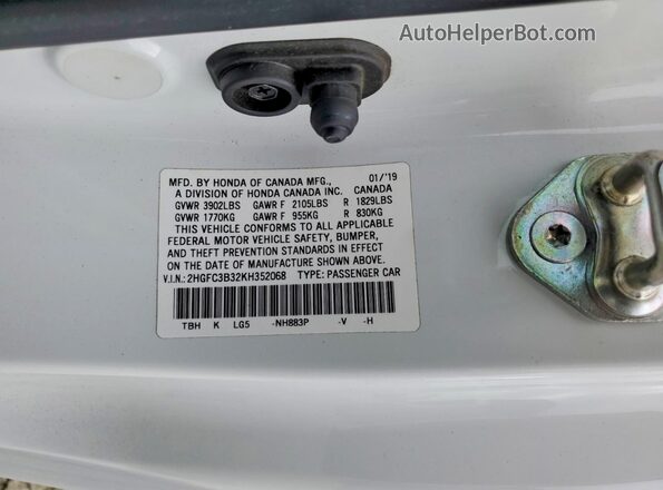 2HGFC3B32KH352068 2019 HONDA CIVIC White Вид наклейки з VIN-кодом