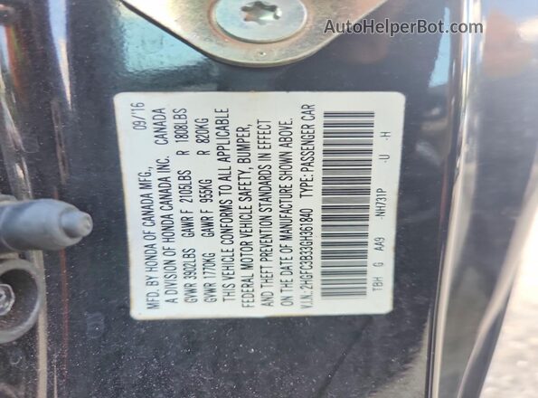 2HGFC3B33GH361840 2016 HONDA CIVIC Black VIN կոդի պիտակի տեսք