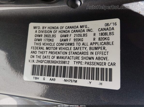 2HGFC3B3XGH359812 2016 HONDA CIVIC Gray Widok komory silnika