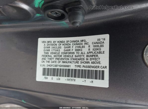 2HGFC3B71GH358681 2016 HONDA CIVIC Серый Вид подкапотного пространства