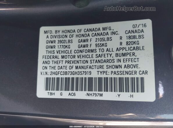 2HGFC3B73GH357919 2016 HONDA CIVIC Gray ძრავის განყოფილების ხედი