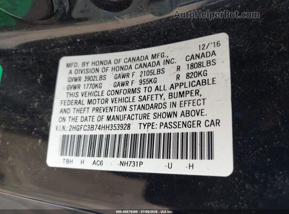 2HGFC3B74HH353928 2017 HONDA CIVIC Black Vista del compartimento del motor