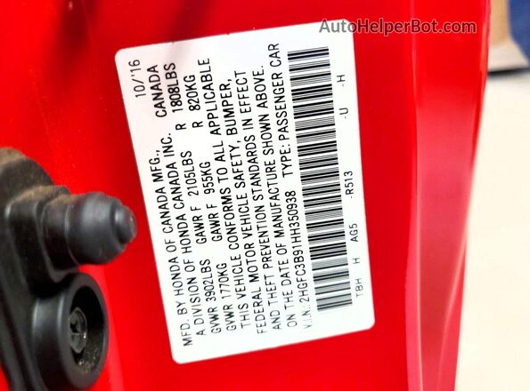 2HGFC3B91HH350938 2017 HONDA CIVIC Red Vista de la etiqueta del VIN