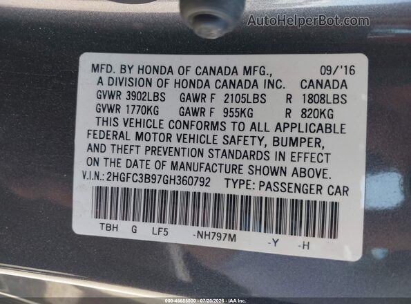 2HGFC3B97GH360792 2016 HONDA CIVIC Gray Շարժիչի բաժամունքի տեսք