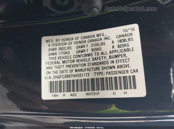 2HGFC3B97HH351172 2017 HONDA CIVIC Черный Вид подкапотного пространства