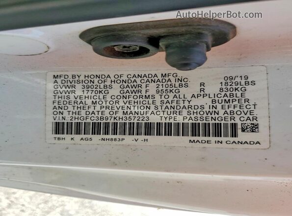 2HGFC3B97KH357223 2019 HONDA CIVIC White Vista del compartimento del motor